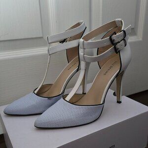 call it spring blue and white colour block t strap heels